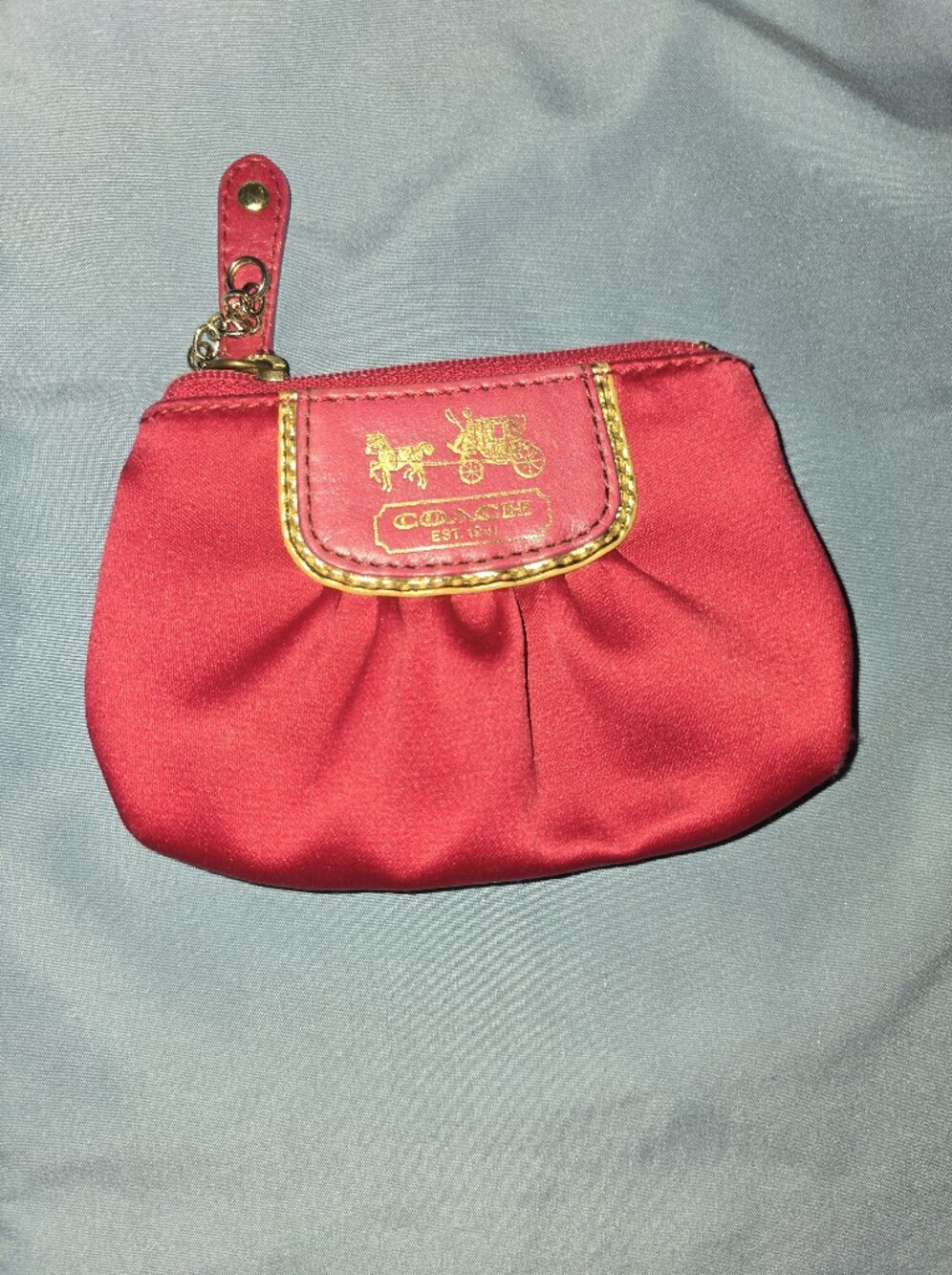 Coach Satin Coin Pouch in Red with Gold Trim